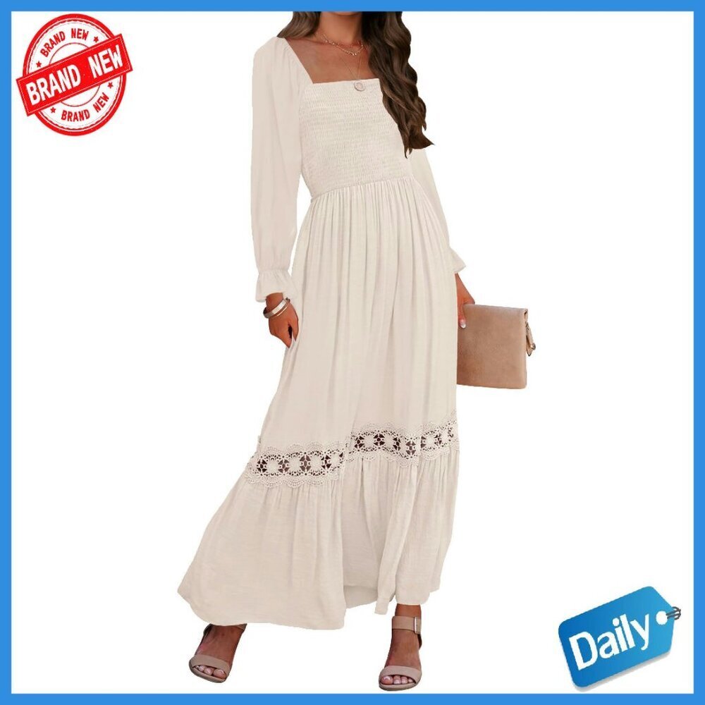Boho Long Sleeve Square Neck Smocked Maxi Dress Flowy A-Line